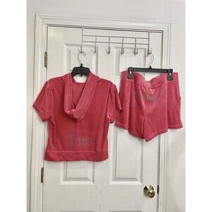 Juicy Couture Velour Tracksuit Set Watermelon Pink Hoodie & Shorts Y2K – NWT L